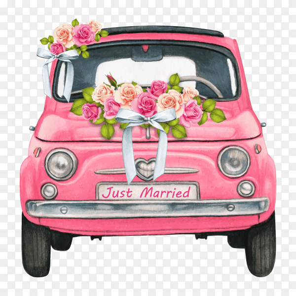 Watercolor pink shiny car for wedding day on transparent background PNG