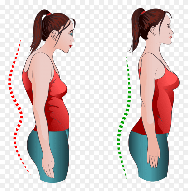 Woman with wrong and right back posture on transparent PNG