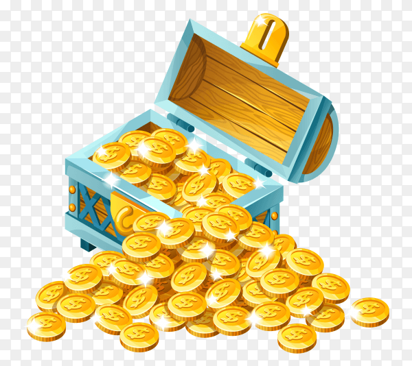 Wooden chest with golden coins illustration on transparent background PNG