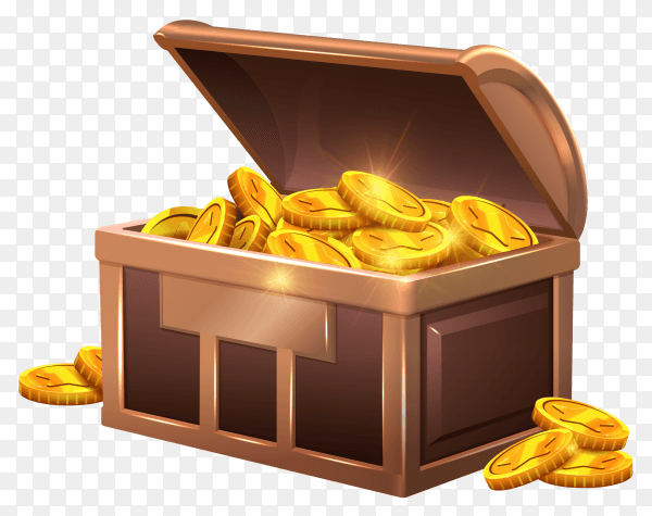 Wooden isometric chest with treasures on transparent background PNG