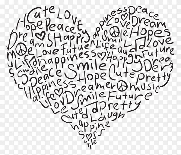 Words in heart shape and positive vibes premium vector PNG