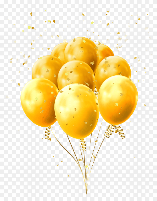 Yellow balloons golden with stars flying on transparent PNG