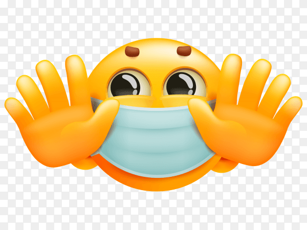 Yellow round emoji characters in white medical mask on transparent background PNG