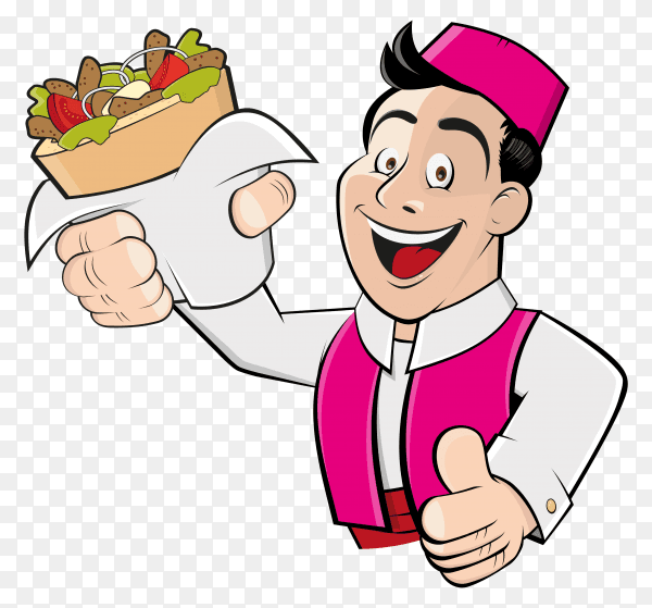 Funny cartoon man with doner kebab sandwich on transparent background PNG