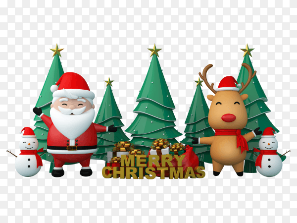 3D Christmas tree with santa claus and snowman on transparent background PNG