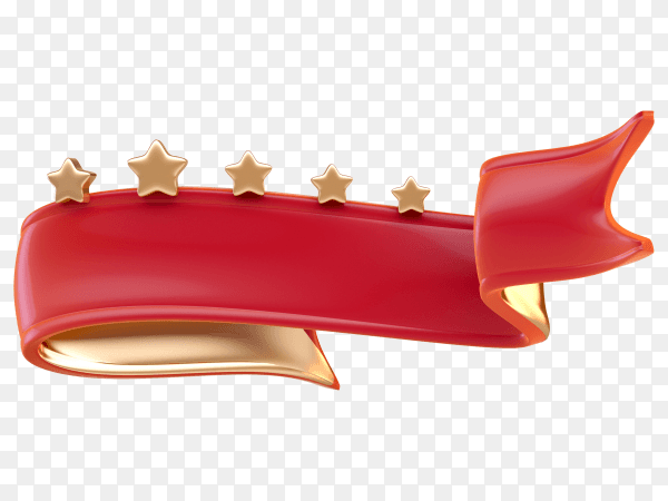 3D red ribbon with golden stars on transparent PNG