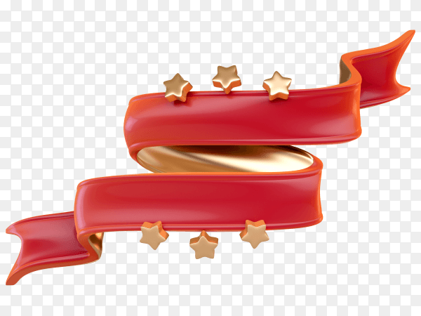 3D red ribbon with golden stars on transparent background PNG