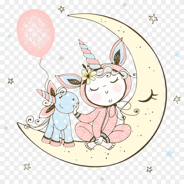 A baby in unicorn pajamas is sitting on the moon with his unicorn toy on transparent background PNG