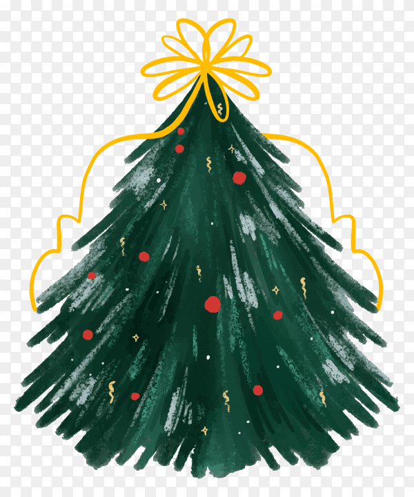 Abstract christmas tree illustration with ribbon globes on transparent background PNG