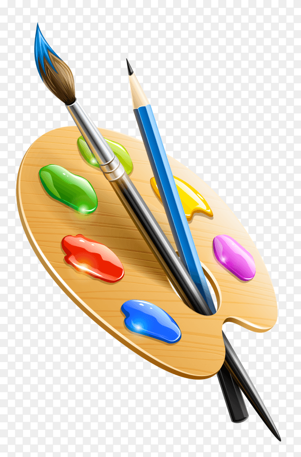 Art color palette with paintbrush drawing tools isolated on transparent background PNG