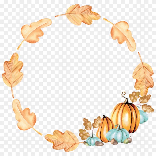 Autumn wreath with watercolor pumpkins and oak leaves on transparent background PNG