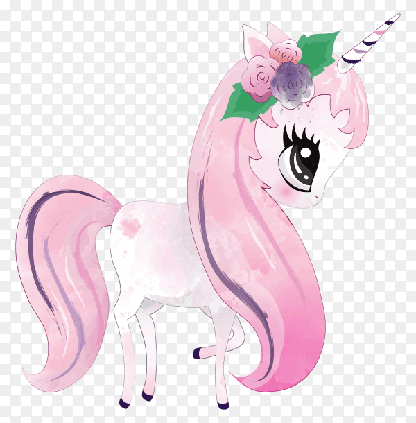 Baby unicorn cute character painted with watercolor on transparent background PNG
