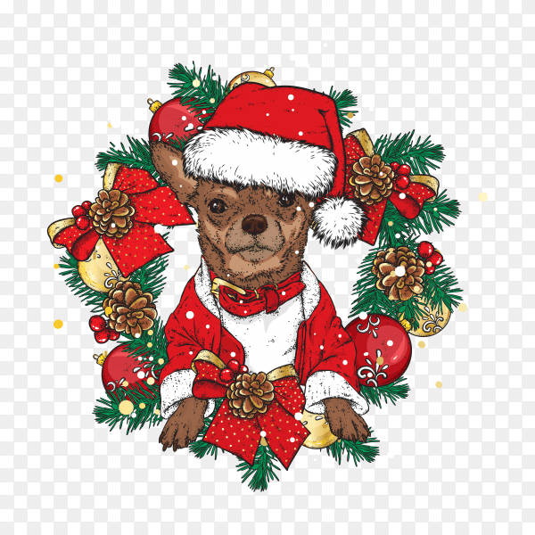 Beautiful dog in a christmas wreath on transparent background PNG
