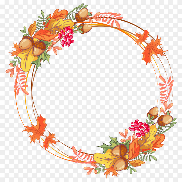 Beautiful frame of intersecting rings with autumn leaves premium vector PNG