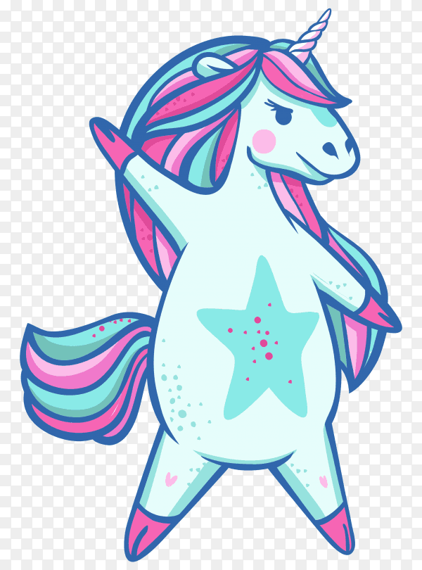 Beautiful ight blue dancing unicorn superstar on transparent background PNG