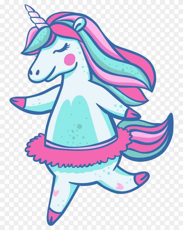 Beautiful light blue unicorn in a ballet skirt with closed eyes on transparent background PNG