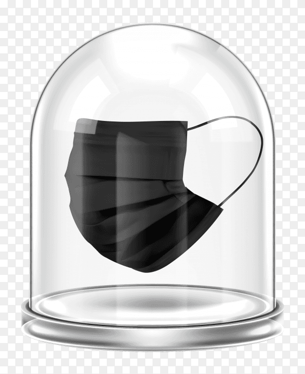 Black medical mask under glass dome on transparent background PNG