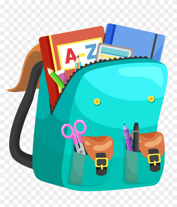 Blue school backpack with essential supplies on transparent background PNG