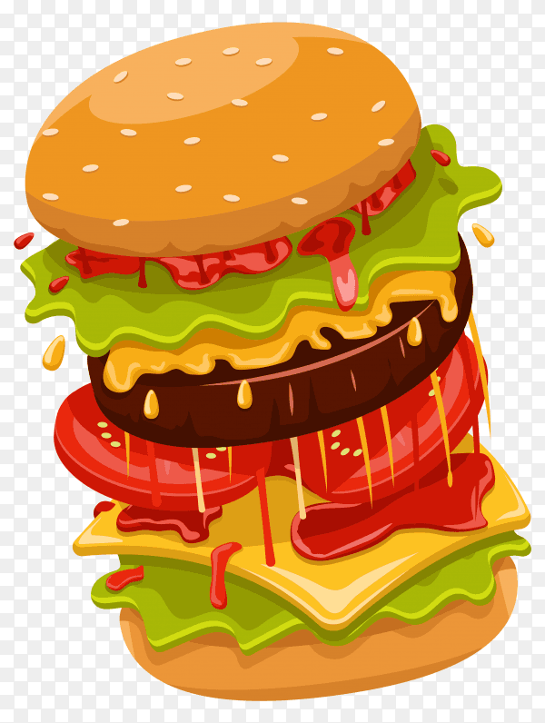 Burger with flying elements on transparent background PNG