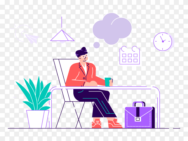 Business man is relaxing and dreaming about something at his work place on transparent background PNG