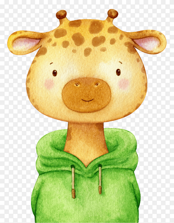 Cartoon Giraffe kid dressed in a green sweater on transparent background PNG
