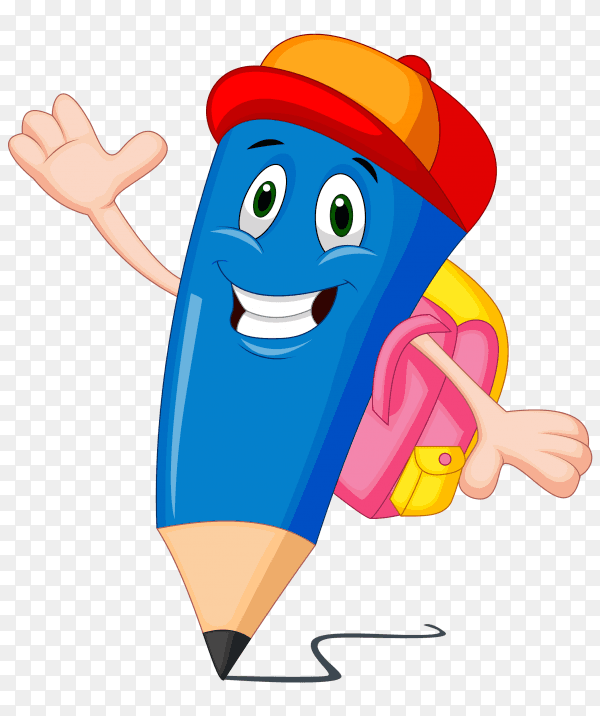 Cartoon blue pencil with school bag on transparent background PNG