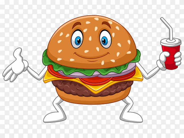 Cartoon burger holding a cup of soda on transparent background PNG