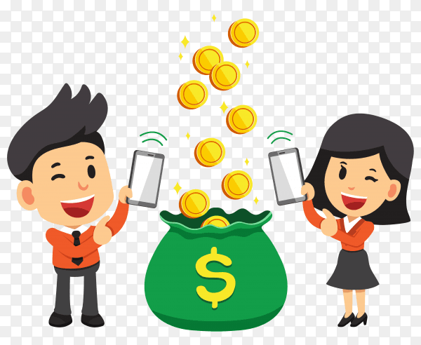 Cartoon business man and woman earning money with smartphone on transparent background PNG