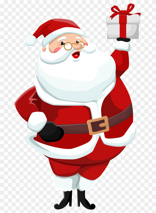 Cartoon santa claus holding gift box illustration on transparent background PNG