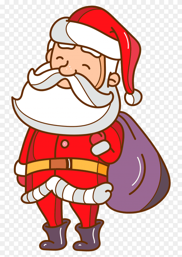 Cartoon santa claus with presents bag on transparent background PNG