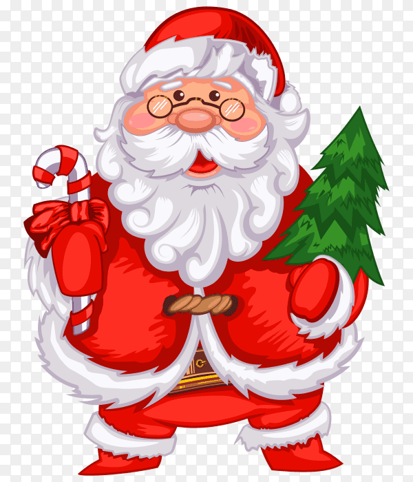 Cartoon santa claus with Christmas tree and candy cane on transparent background PNG