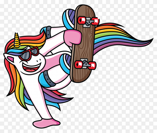 Cartoon unicorn play with skateboard on transparent background PNG