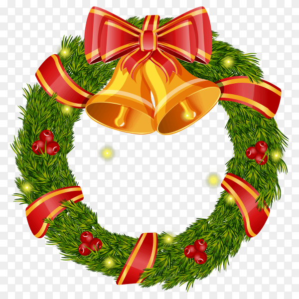 Christmas coniferous wreath with ribbon and bells on transparent background PNG