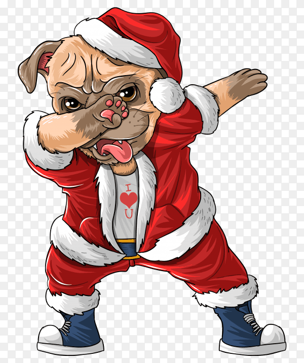 Christmas cute pug dog dabbing dance in Santa's costume on transparent background PNG