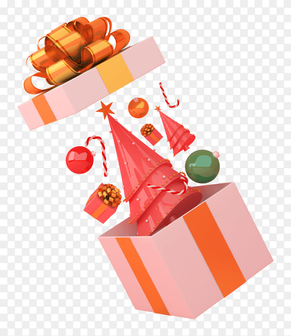 Christmas tree and gift box 3d rendering on transoarent background PNG