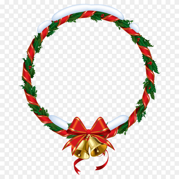 Christmas wreath frame with bells and Ribbon on transparent background PNG