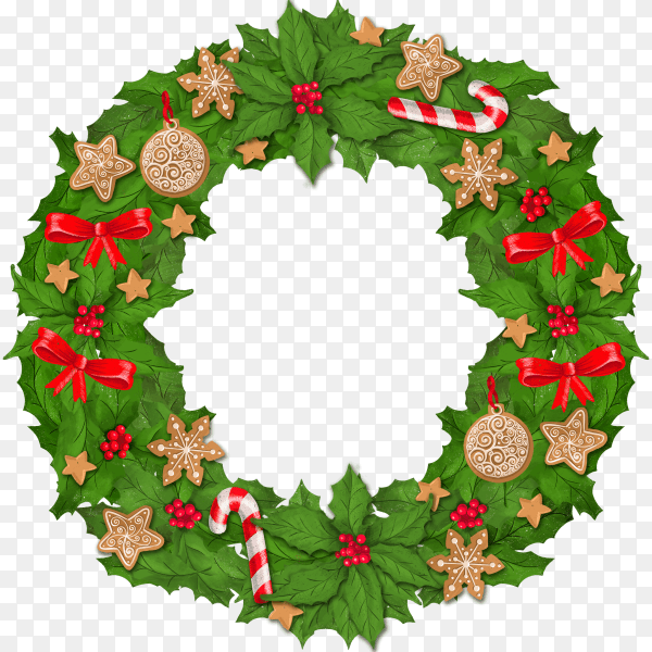Christmas wreath of holly leaves and berries decorated with toys and gingerbread on transparent background PNG