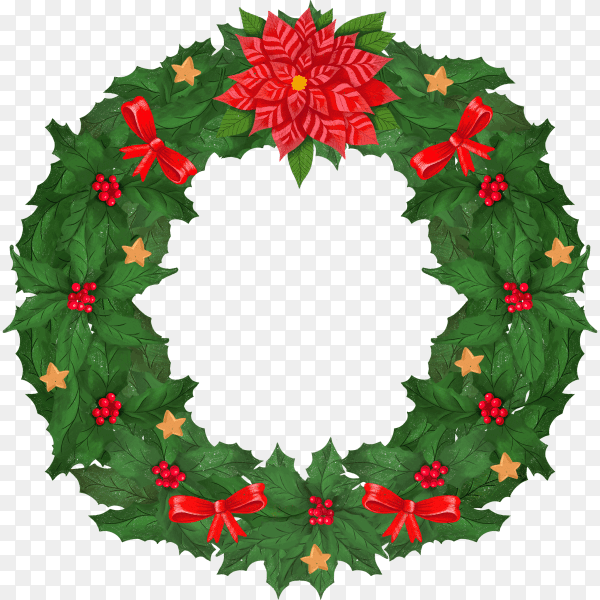 Christmas wreath of leaves decorated bows and stars on transparent background PNG