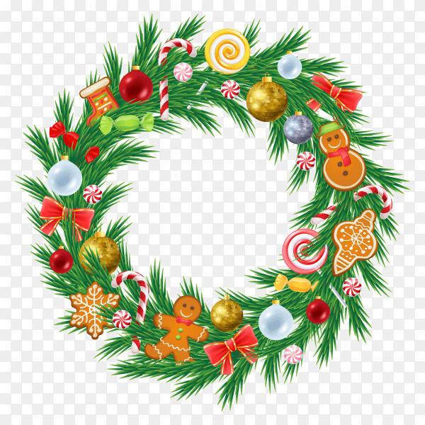Christmas wreath with decorations premium vector PNG