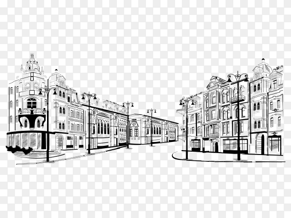 City street view cityscape skyline buildings on transparent background PNG