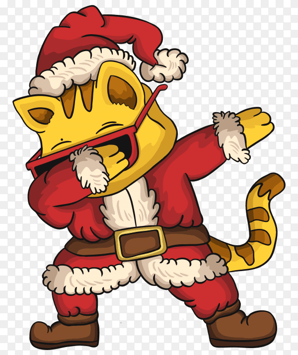 Cute cat wearing santa costume and dabbing dance illustration on transparent background PNG