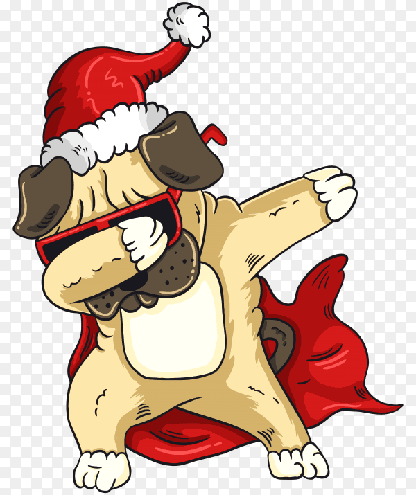 Cute dog wearing santa hat and dabbing dance illustration on transparent background PNG