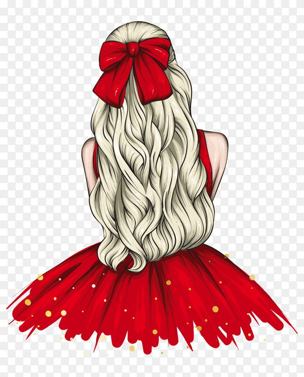 Cute girl wearing beautiful red dress on transparent background PNG