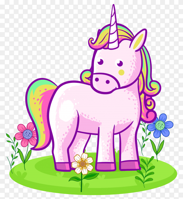 Cute unicorn standing on a flower meadow on transparent background PNG