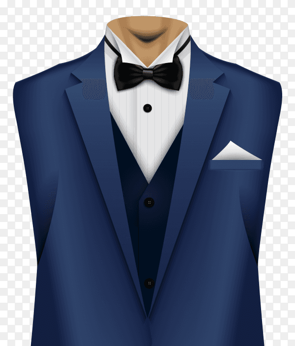 Elegant suit in blue color with tie and white shirt on transparent background PNG