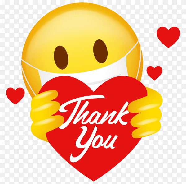 Emoticon wearing medical mask holding heart symbol with thank you message on transparent background PNG