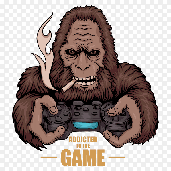 Game addicted bigfoot on transparent PNG