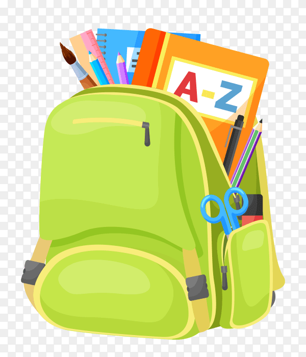 Green school bag with books on transparent background PNG