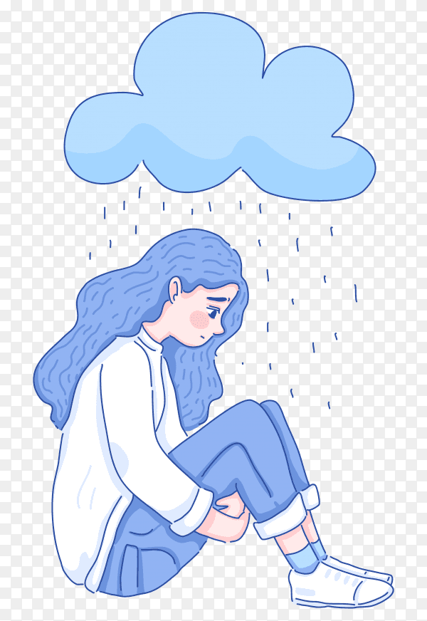 Hand drawing Loneliness girl sitting alone under rains on transparent background PNG