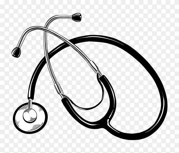 Hand drawn sketch of stethoscope in black color on transparent PNG
